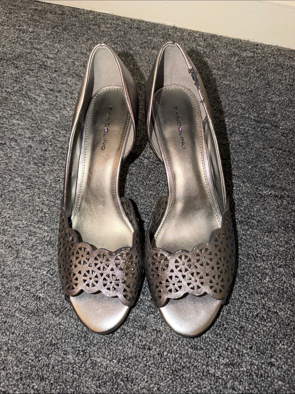 Bandolino Metallic Pewter Laser-Cut Peep Toe Flats